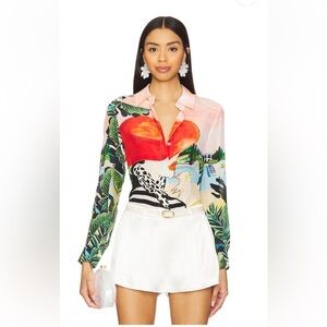 Alice + Olivia Tropical Print Silk Button-Up Blouse in Red, Green, Black, White
